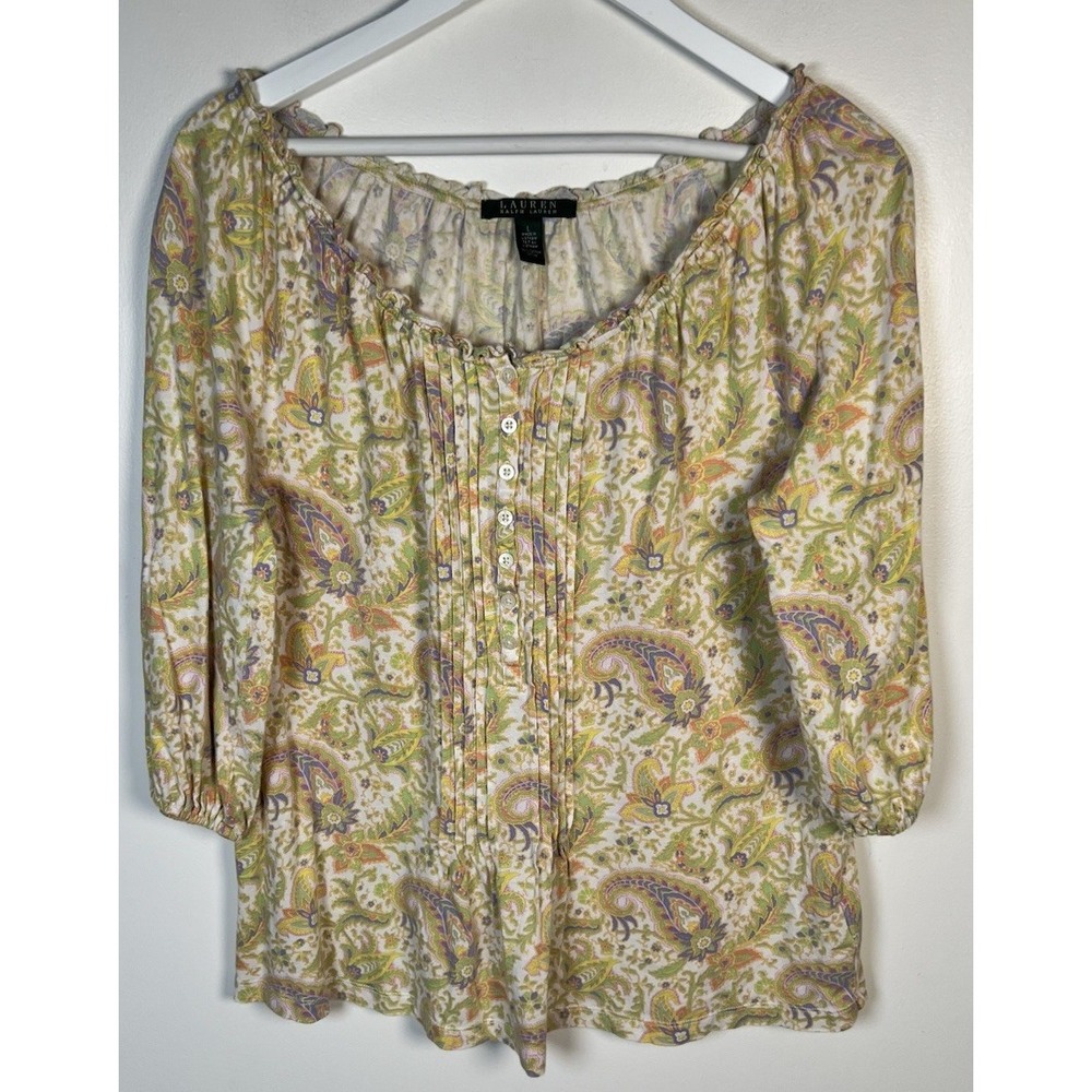 Lauren Ralph Lauren Large Pastel‎ Paisley Cotton Scoop Neck Pintuck Blouse - Picture 2 of 8